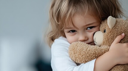 A toddler lovingly holds a teddy bear with a cheerful smile, emphasizing the innocence and warmth of childhood within a comforting indoor setting, smiling happily.