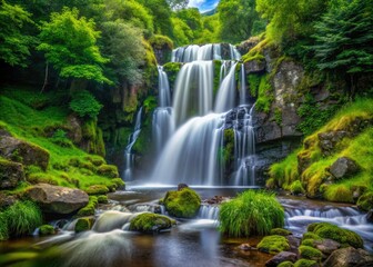 Fototapeta premium This breathtaking waterfall cascades through rich greenery, forming a soothing backdrop in an idyllic landscape that evokes serenity and appreciation for nature's wonders.