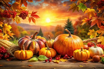 Naklejka premium This charming Thanksgiving PNG design highlights colorful autumn leaves and pumpkins, adorned with a warm palette, creating an inviting atmosphere for your festive celebrations.