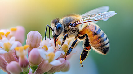 Close-up macro photograph of a bee on a flower, macro photography, bokeh background