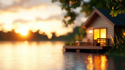 Fototapeta premium Rustic lakeside cabin with porch reflecting on tranquil water during sunset, creating a peaceful and idyllic scene that evokes harmony and natural beauty.