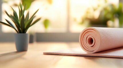 A soft peach yoga mat lays gently in the warm embrace of a bright, sunlit room with a potted plant nearby, exuding warmth and inviting restful mindfulness.