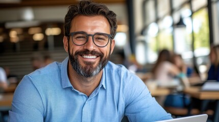 Fototapeta premium A smiling man wearing glasses in a blue shirt is seated in a relaxed workspace, suggesting creativity and openness, with blurred people in the background working.
