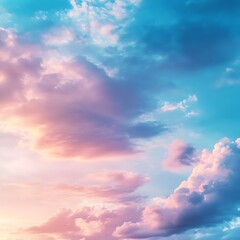 A serene sky filled with soft clouds in shades of blue and pink during sunset.