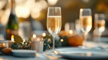 A cozy setting with champagne glasses on an elegantly decorated table with soft candlelights, creating a warm and inviting atmosphere for celebration or dinner.