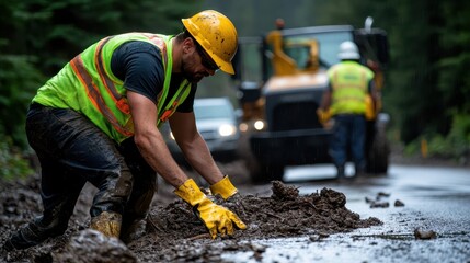 A focused worker in a yellow vest and hard hat clears a muddy road with machinery amidst rainy weather, showcasing resilience in challenging conditions and teamwork.