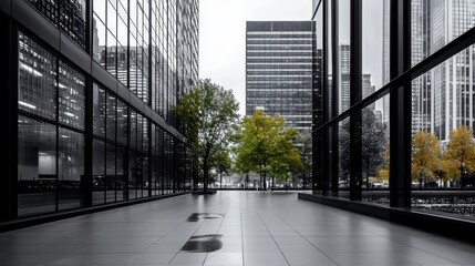 Obraz premium An urban scene captures a park view through the glass facade of a building, blending natural elements with contemporary city life amidst a modern skyline.