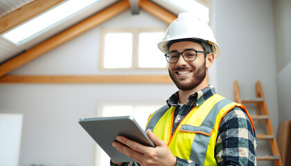 Happy construction site worker using digital tablet during home renovating process isolated with white highlights, png