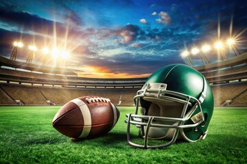 Fototapeta premium Vibrant American Football Wallpaper Featuring a Green Field and Classic Equipment for Sports Fans