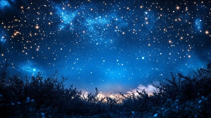 Naklejka premium A breathtaking view of a starry night sky filled with twinkling stars and deep blue tones above a serene landscape