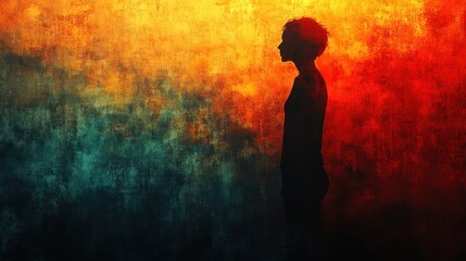 A silhouette of a person standing in front of a fiery, abstract background.