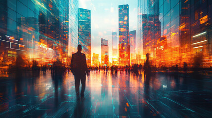 Fototapeta premium Double exposure of a digital identity, a city street view with business people walking in motion blur