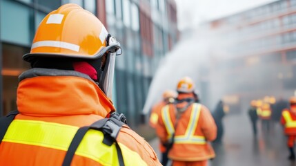 Firefighters in orange uniforms use hoses to spray water onto a burning building in a city, showcasing dedication and skill under tense emergency conditions.