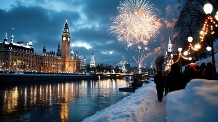 Stunning fireworks illuminate London's iconic skyline along the snowy riverside, evoking sentiments...