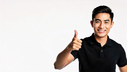 A East Asian man wearing a black polo shirt is giving a thumbs up against a white background.