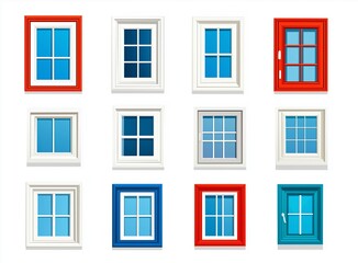 Fototapeta premium A collection of twelve unique and colorful window designs, each framed in red, blue, or white, displayed on a minimalist white background.