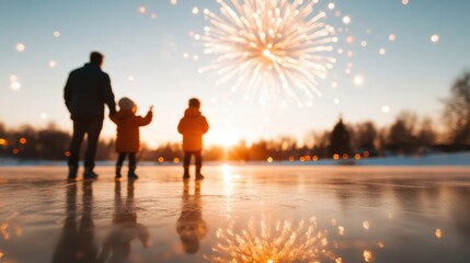 Fireworks illuminate the evening sky as a family stands on a reflective ice surface, basking in the magical sunset, a heartwarming moment of togetherness.