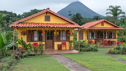 Fototapeta premium Two small yellow houses with red roofs and a volcano in the background.