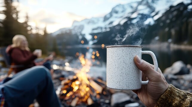 A person holds a steaming mug, enjoying the warmth of a campfire, surrounded by majestic snowy mountains reflecting in a serene lake, capturing outdoor tranquility.