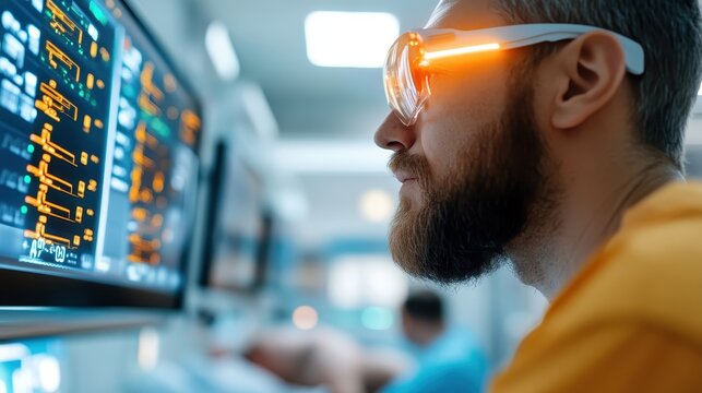 A technician wearing sci-fi glasses focuses intensely on a brightly lit screen with complex data, driven by curiosity and analysis in a sleek, modern setting.