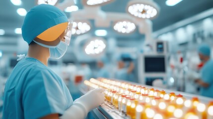A skilled technician in scrubs adjusts cutting-edge surgical equipment on a control panel in a high-tech operating room, epitomizing innovation and expertise.