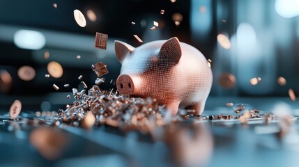 A concept image featuring a digital piggy bank and scattered coins, illustrating modern financial management and investment strategies in the digital age landscape.