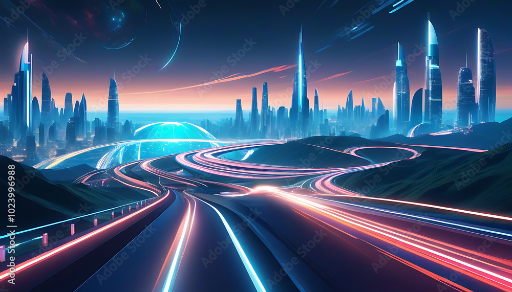 Wall mural futuristic city at night, a blend of technology and dreamy highway scenery