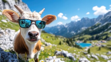 A cow is playfully wearing sunglasses in a stunning mountainous landscape, showcasing an amusing juxtaposition of nature and humor with a backdrop of nature's splendor.