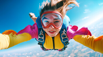 A fearless young woman is captured in close up shot while skydiving, showcasing her excitement and thrill as she dives through sky. vibrant colors of her outfit and stunning blue backdrop enhance adve