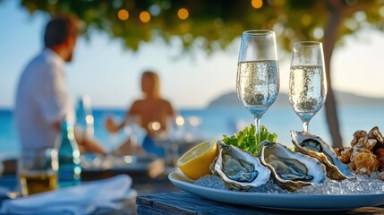Elegant setting with a couple enjoying oysters and drinks on the beachfront, perfect for celebrating special moments or enjoying an idyllic coastal retreat.