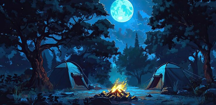 A serene camping scene under a full moon with tents and a glowing campfire, surrounded by lush trees and a starry sky.