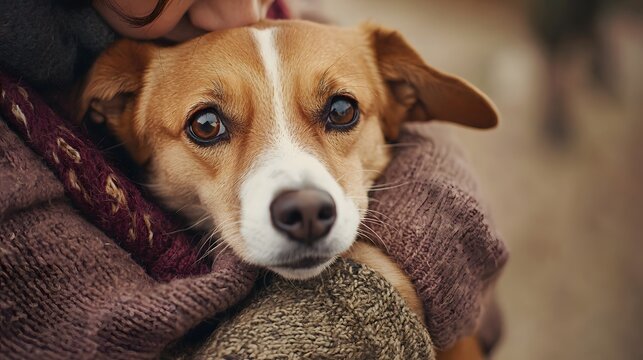 Adopted dog nestled peacefully in arms of its loving owner. Pet adoption of little jack rassel puppy