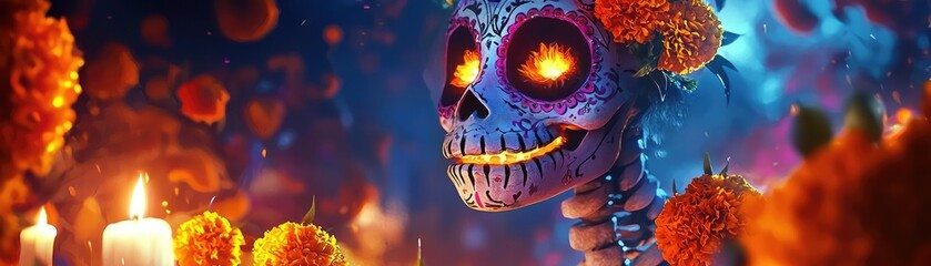 Colorful skeleton adorned with flowers and flickering candles, embodying the vibrant spirit of traditional celebrations.