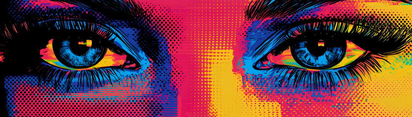 Abstract Illustration Features Blue Eyes on a Colorful Pop Art Background