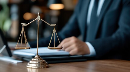 A businessman is seen working with documents as the prominent balance scales of justice suggest fairness and equity in the background setting.