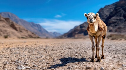 A solitary camel walks along a rocky desert path with a vast landscape of mountains and a bright blue sky overhead, capturing isolation and perseverance.