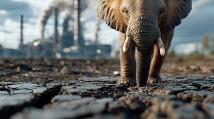 Fototapeta premium A lone elephant walks across cracked earth, overshadowed by industrial factories, symbolizing the struggle of wildlife adapting to climate change and habitat loss.