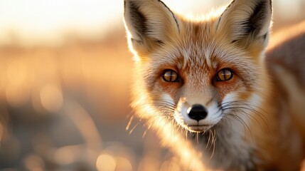 Fototapeta premium A beautiful close-up image of a red fox with captivating amber eyes, captured in a warm and serene natural setting, showcasing its glossy fur and alert expression.