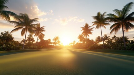 Fototapeta premium A stunning tropical scene during sunset, where sun rays pierce through palm trees, casting long shadows and bringing a sense of warmth and tranquility.