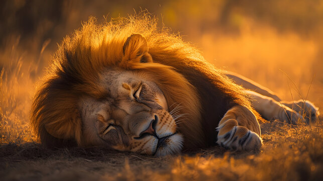 A male lion grooming his mane while lying in a patch of sunlight