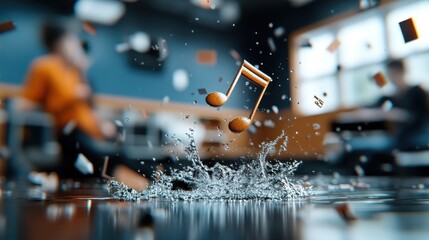 A delicate musical note takes center stage in a room, highlighting creativity and emotional resonance through a blend of digital artistry and human experience.