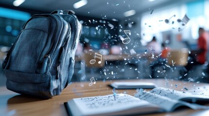 A school backpack sits on a desk in a classroom, as flying music notes symbolize educational harmony and inspiration, portraying a vibrant academic atmosphere.