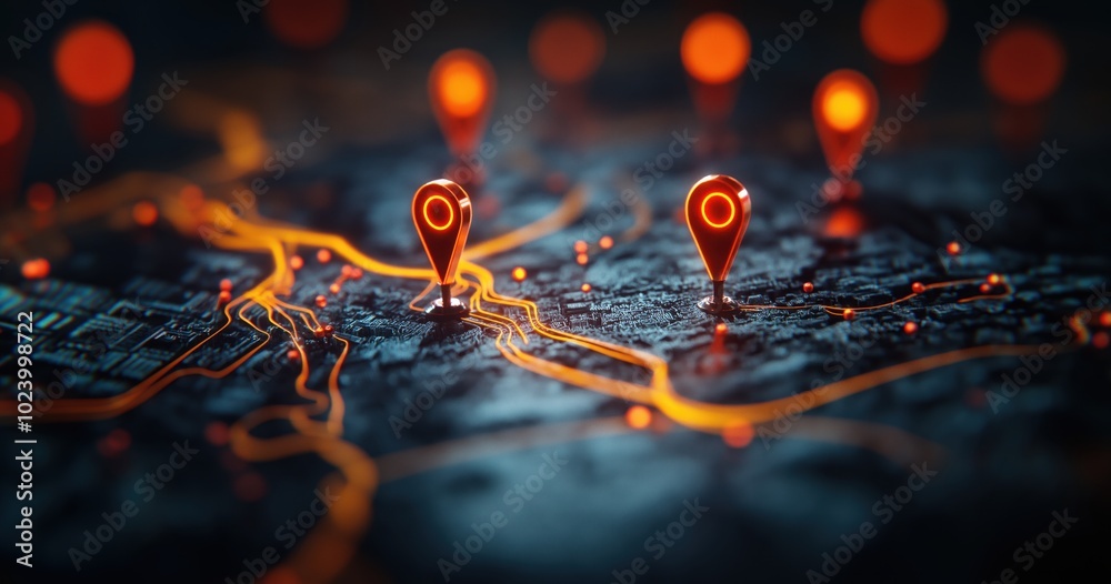 Poster futuristic abstract map navigation concept with gps location markers and pins on a dark digital tech