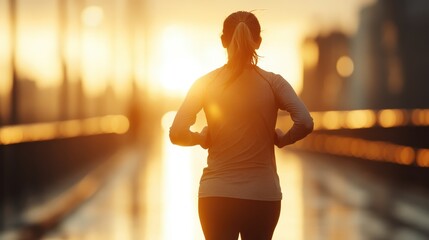 A jogger silhouetted by the sunrise crosses a bridge, illustrating determination and new beginnings. The warm tones capture the serene yet empowering atmosphere of the morning.