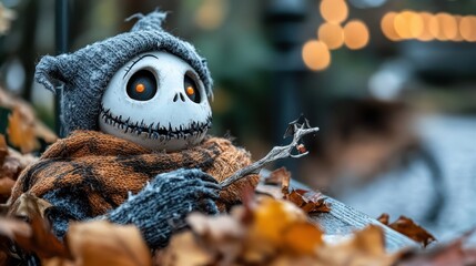 Naklejka premium A skeletal figure, adorned in knitted apparel, sits amongst autumn leaves, exuding nostalgic whimsy and an artistic nod to seasonal transformation and creativity.