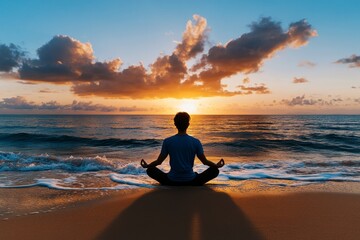 Fototapeta premium A hyper-realistic image of a person meditating on a serene beach at sunrise, with every detail of the waves and the personâ€™s calm expression vividly captured, representing eudaimonia