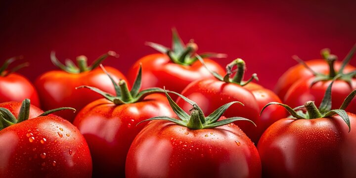 A Close-Up Display of Plump, Vibrant Red Tomatoes with Dew Drops, Against a Bold Red Background, Capturing the Essence of Freshness and Juiciness.