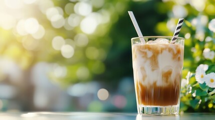 A refreshing iced coffee with swirls of milk and two straws sits on a table, with a backdrop of sunny bokeh and blooming flowers, evoking a sense of relaxation and summer bliss.