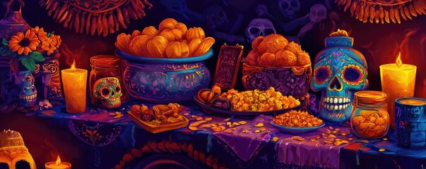 Vibrant altar scene featuring traditional elements, candles, skulls, and colorful decorations celebrating cultural heritage.