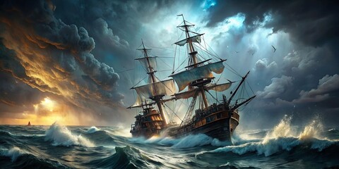 Fototapeta premium A weathered galleon with billowing sails navigates a stormy sea, illuminated by the golden glow of a distant sunset, as a lone seabird soars overhead.